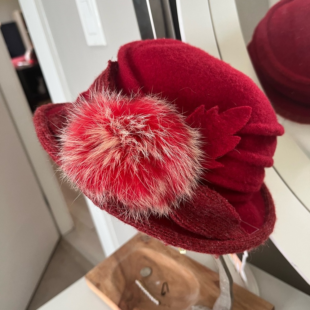 Elegant Red Women's Wool Hat with Fur Pom
